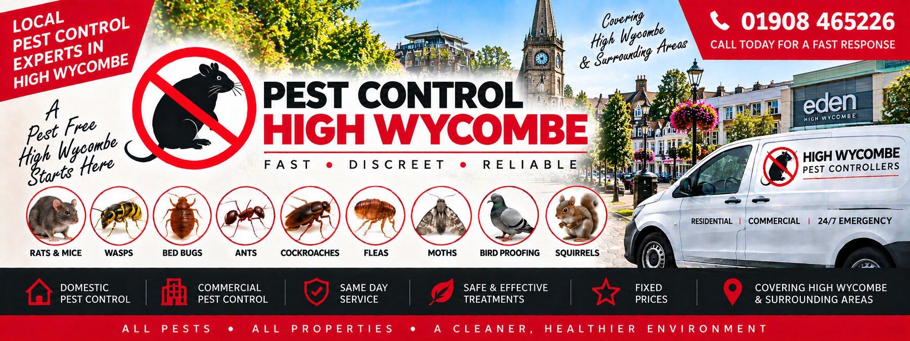 Milton Keynes Pest Controllers pest control banner for High Wycombe &mdash; the pests covered, the company van and the phone number 01908 465226