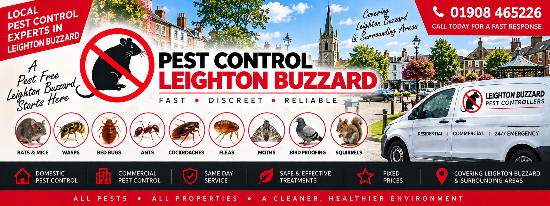 Milton Keynes Pest Controllers pest control banner for Leighton Buzzard &mdash; the pests covered, the company van and the phone number 01908 465226