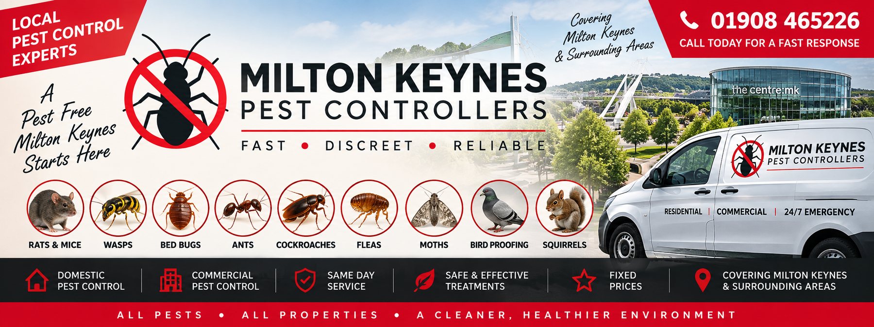Milton Keynes Pest Controllers pest control banner for Milton Keynes &mdash; the pests covered, the company van and the phone number 01908 465226