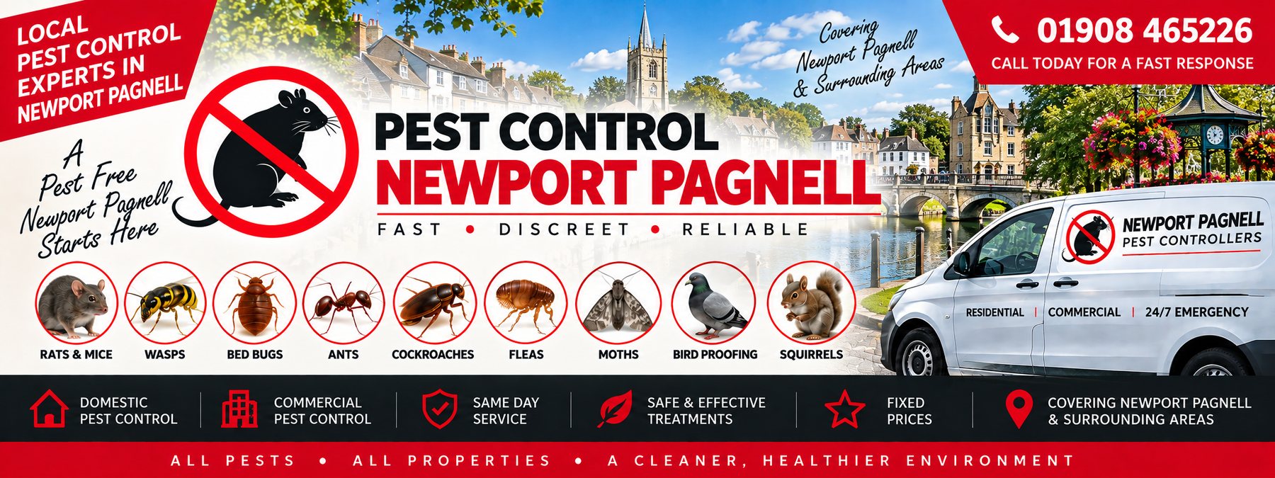 Milton Keynes Pest Controllers pest control banner for Newport Pagnell &mdash; the pests covered, the company van and the phone number 01908 465226