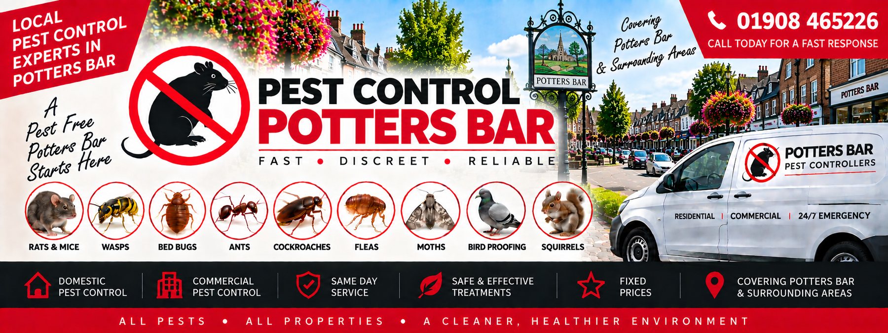 Milton Keynes Pest Controllers pest control banner for Potters Bar &mdash; the pests covered, the company van and the phone number 01908 465226