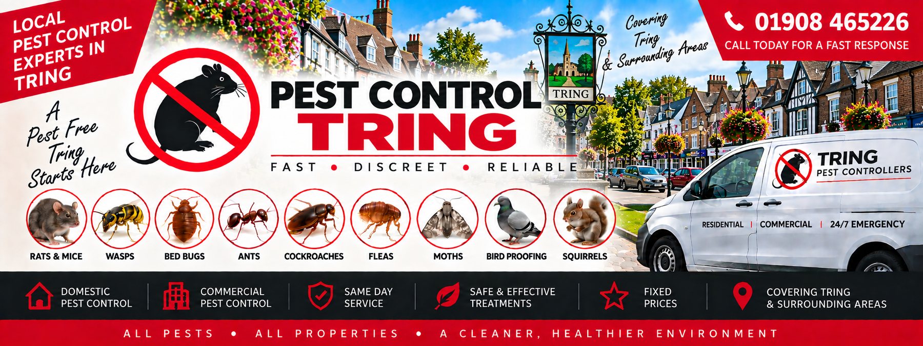 Milton Keynes Pest Controllers pest control banner for Tring &mdash; the pests covered, the company van and the phone number 01908 465226