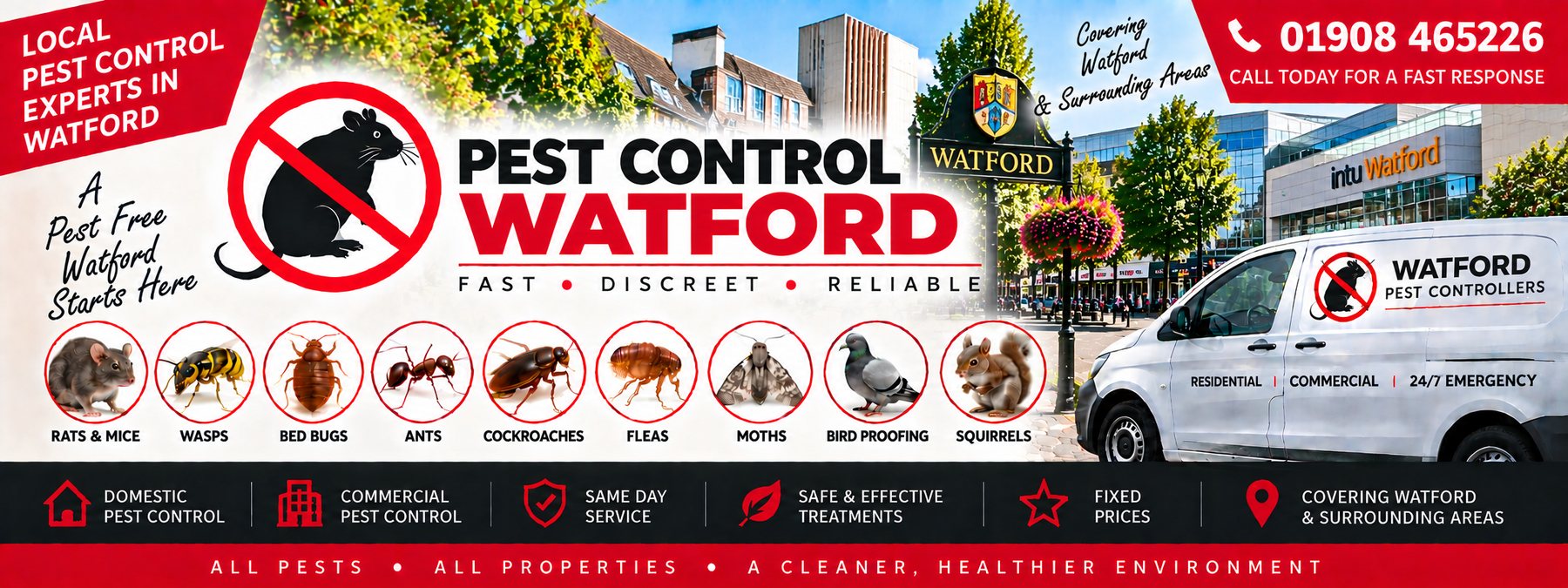 Milton Keynes Pest Controllers pest control banner for Watford &mdash; the pests covered, the company van and the phone number 01908 465226