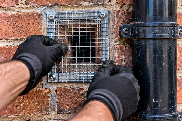 Gloved hands at a galvanised steel mesh guard screwed over an airbrick in a brick wall, beside a black plastic downpipe