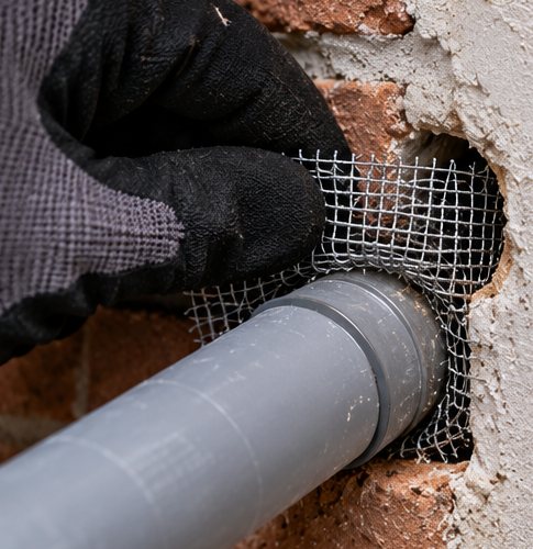 A gloved hand pressing steel mesh into the opening in brickwork where a grey waste pipe passes through the wall, closing the gap around the pipe