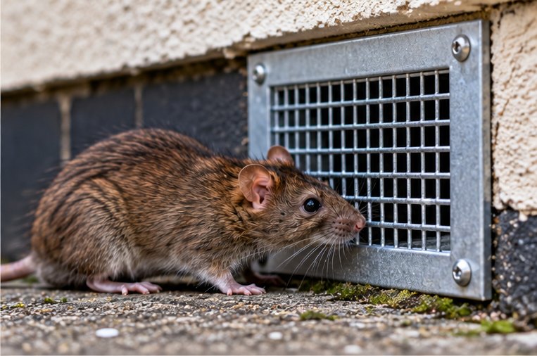 A brown rat at the base of a brick wall beside an open airbrick
