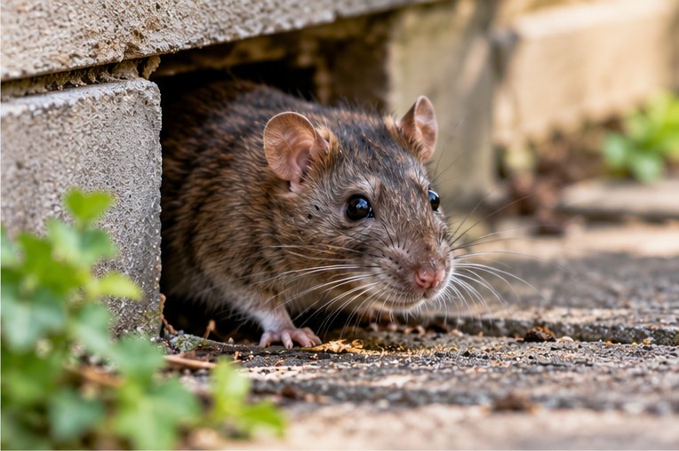 A brown rat looking out from a gap beneath a concrete step where it meets the paving, with low weeds growing alongside