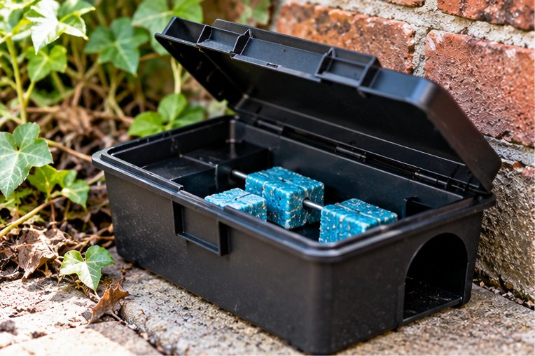 A black lockable rodent bait station standing open on a paved path beside ivy, with blue bait blocks on the securing rods inside