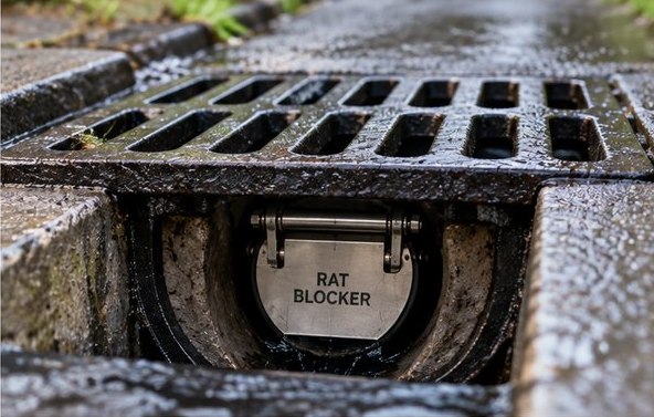 A stainless steel flap valve fitted in the outlet of a roadside gully, seen through the lifted grating