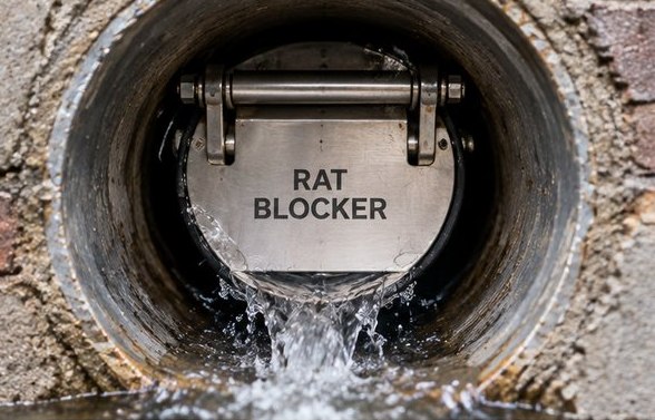 A stainless steel flap valve fitted inside a concrete drain pipe, hinged at the top, with water flowing out underneath it