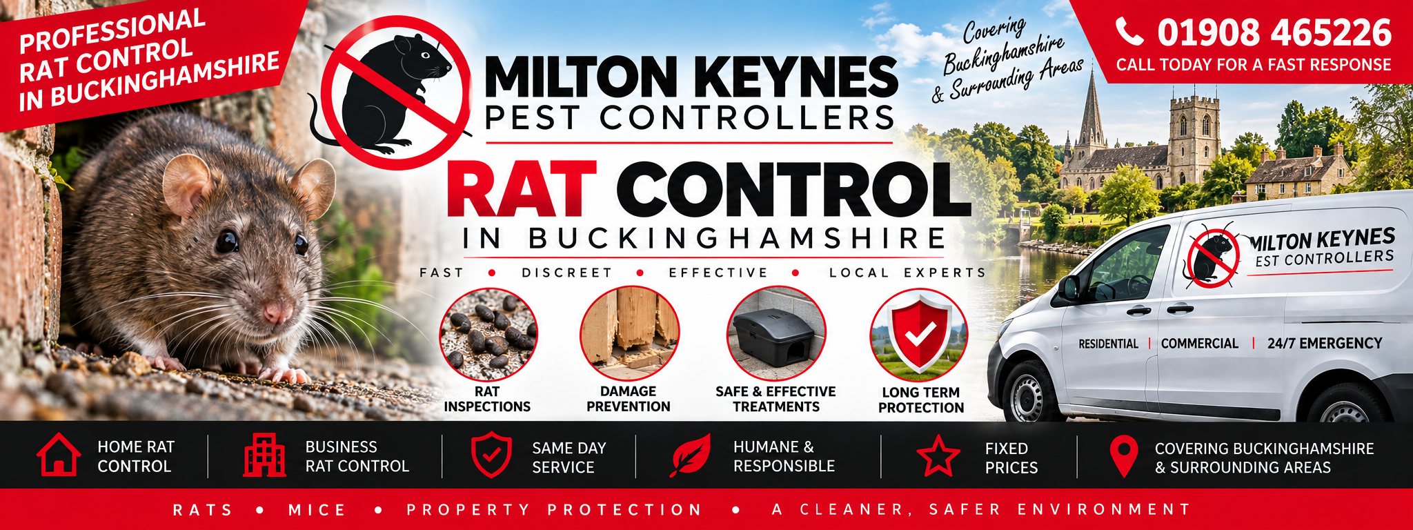 Milton Keynes Pest Controllers rat control banner &mdash; a brown rat beside brickwork, the company van, same-day service, and the phone number 01908 465226