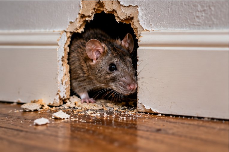 A brown rat looking out of a gnawed hole in a wall at skirting level, with plaster and gnawed debris scattered on the floorboards