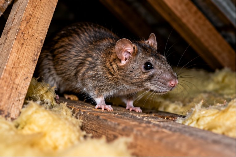 A brown rat in a loft standing on a bare timber joist, with yellow glass-wool insulation heaped either side of it under the roof slope