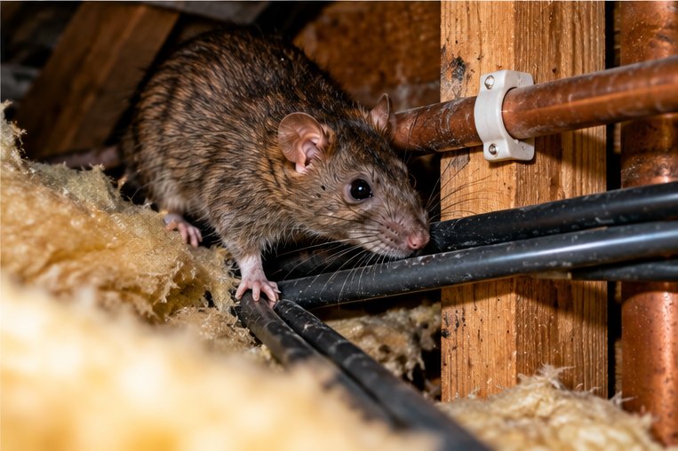 A brown rat standing on a run of black cables in a loft, beside a copper pipe clipped to the timber above it, with insulation either side