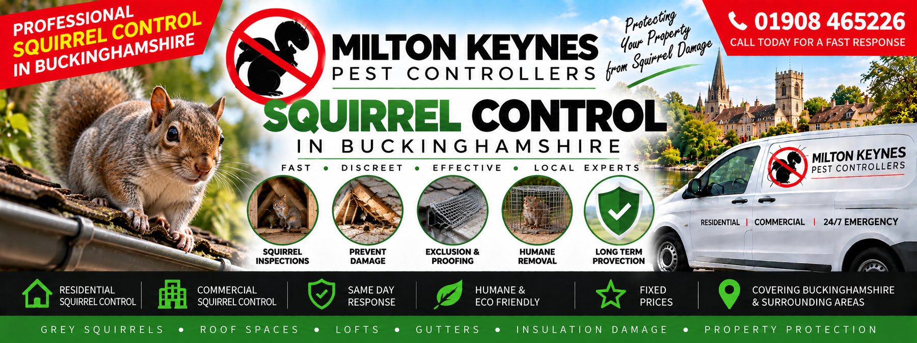 Milton Keynes Pest Controllers squirrel control banner &mdash; a squirrel on a roof edge, the company van and the phone number 01908 465226