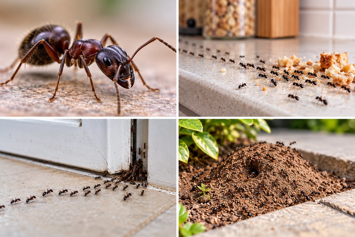 Ant control — a close view of an ant, a trail of ants along a worktop and across a floor, and a nest in soil outside