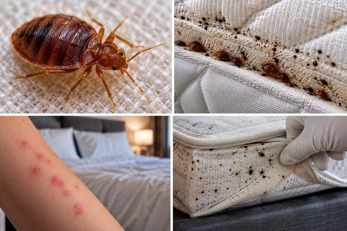 Bedbug control — a bed bug on fabric, spotting along a mattress seam, bites on an arm, and staining revealed under a lifted mattress