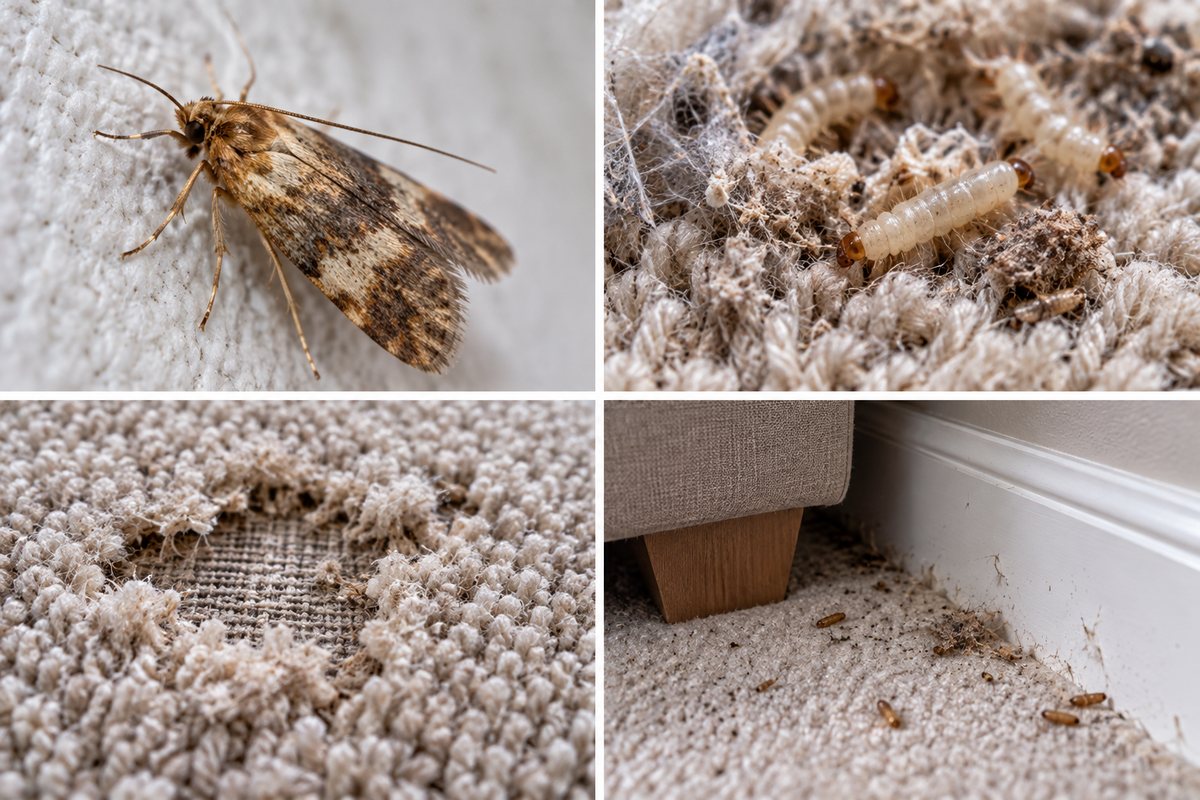 Carpet moth control — an adult carpet moth, larvae and casings in carpet pile, a bald patch worn through the wool, and damage along a skirting board