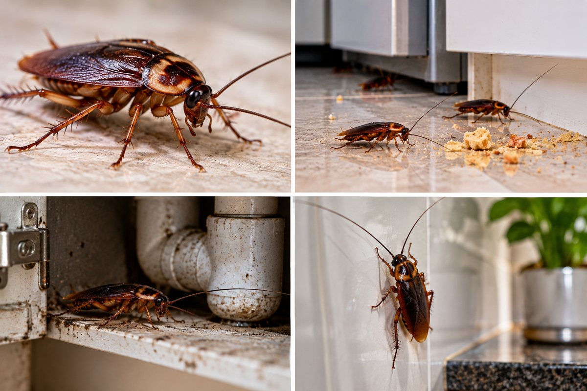 Cockroach control — a cockroach on a worktop, cockroaches under a kitchen unit, and harbourage behind pipework and beneath a cupboard