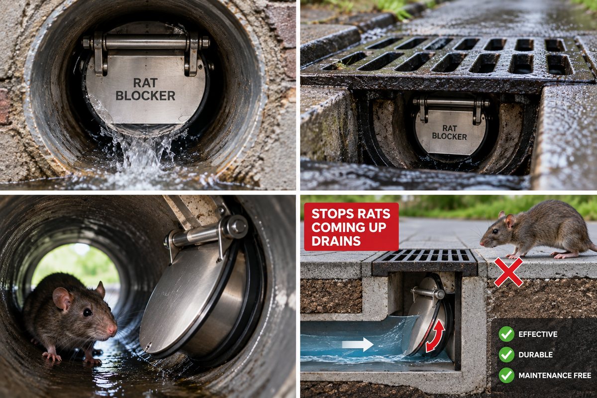 Drain rat blockers — a one-way rat blocker fitted inside a drain pipe, a blocker in a gully under a grate, and a cutaway showing how the flap stops a rat travelling back up
