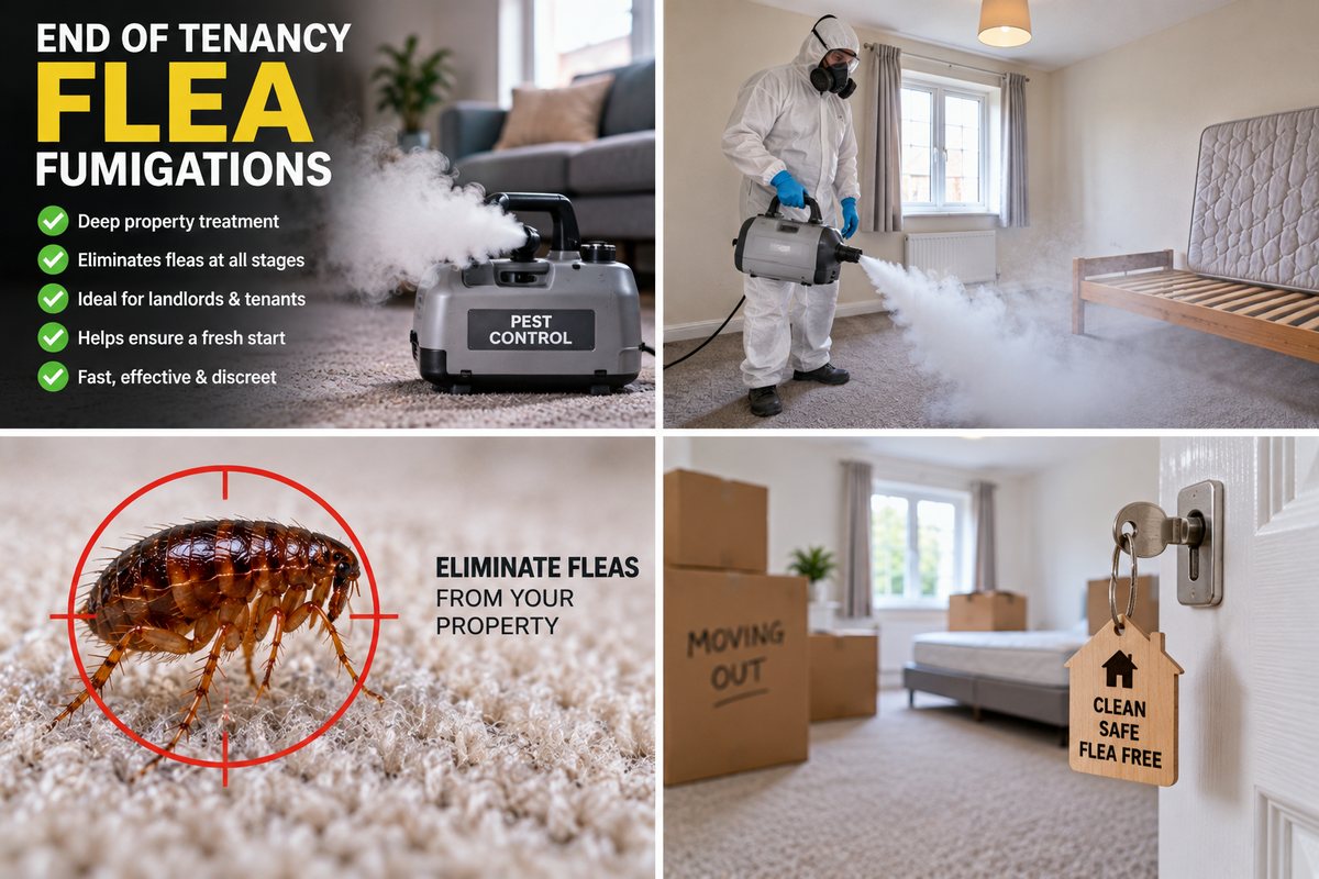 End of tenancy flea fumigation — fogging equipment, a technician in protective equipment treating an empty bedroom, and keys handed over in a cleared property