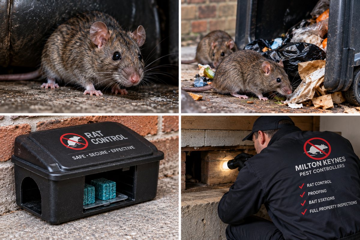 Rat control — a rat beside a bin, rats at refuse sacks, a locked bait station against a wall and a technician inspecting an airbrick