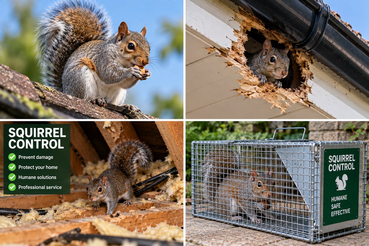 Squirrel control — a grey squirrel on a roof, one at a chewed hole in a fascia board, squirrels in a loft space, and a humane cage trap