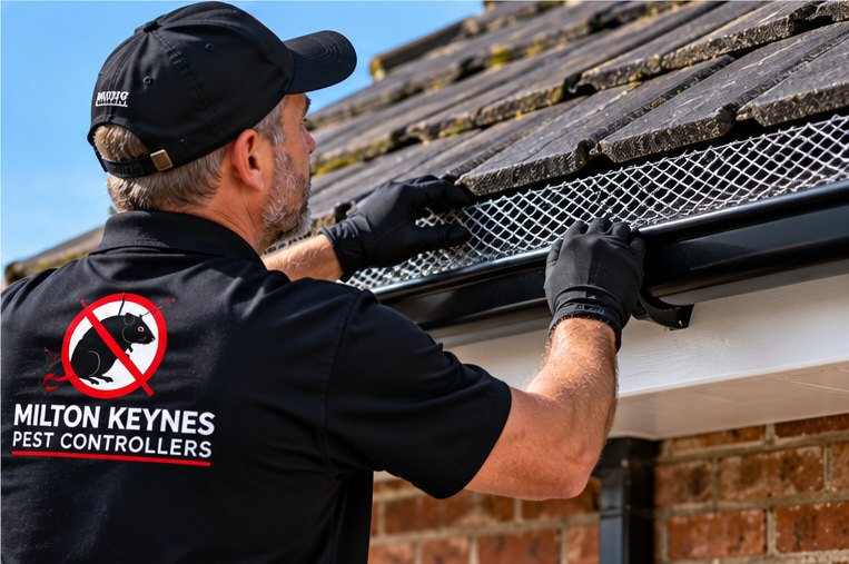 A Milton Keynes Pest Controllers technician fitting mesh along a roofline at the gutter, closing the gap between the fascia and the roof tiles