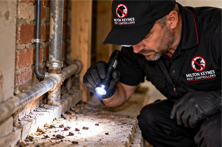 A technician in uniform shining a torch along pipework at the base of a wall