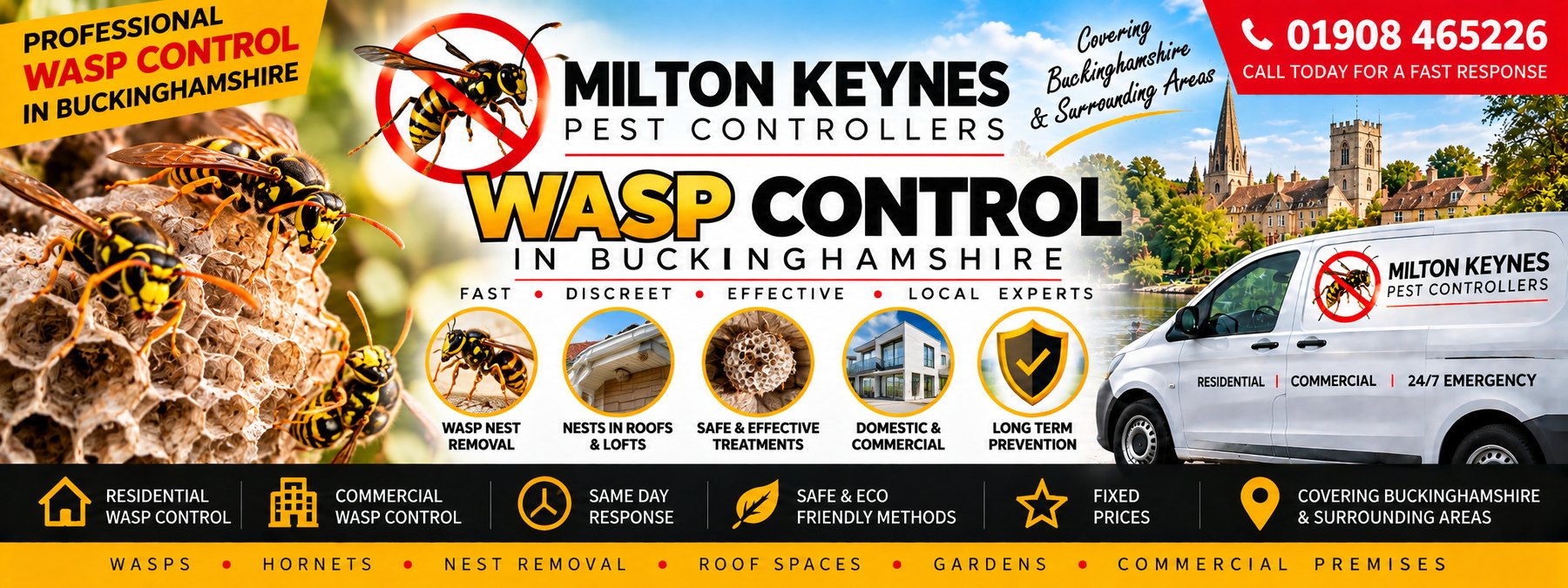 Milton Keynes Pest Controllers wasp control banner &mdash; wasps on a nest, the company van and the phone number 01908 465226