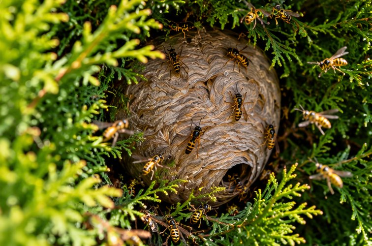 A wasp nest built deep inside a dense conifer hedge, with wasps on the papery shell and an entrance at one side