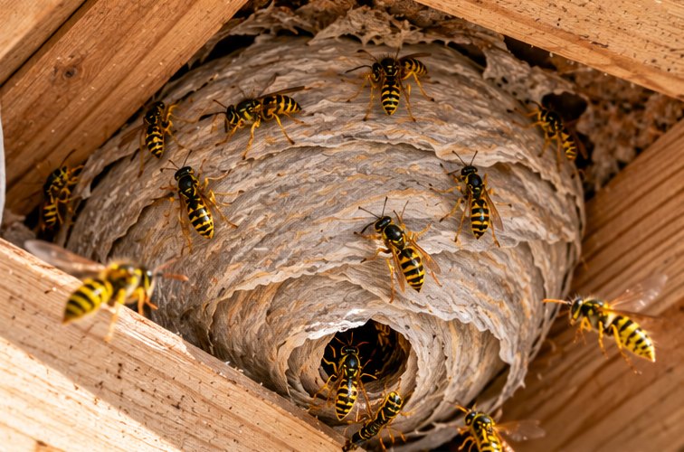 A grey papery wasp nest built between roof timbers, wasps covering the outside and an entrance hole at the bottom