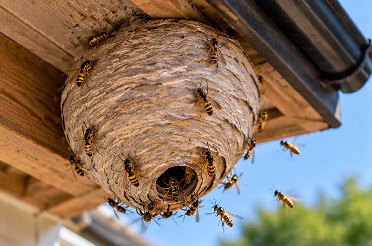 A rounded grey papery wasp nest built under a timber eaves beside a black gutter, with wasps flying around the entrance hole underneath
