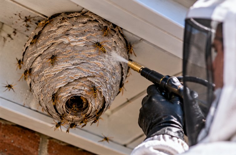A gloved hand applying treatment from a lance into the entrance of a wasp nest under a white soffit