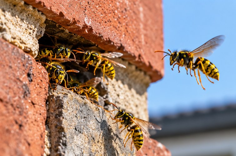 Wasps clustered at a narrow gap in the mortar joint of a brick wall, with one wasp flying in, and no nest visible from outside