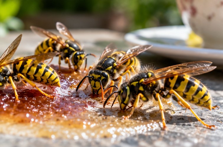 Several wasps feeding on spilled jam on a garden table beside a plate and a cup